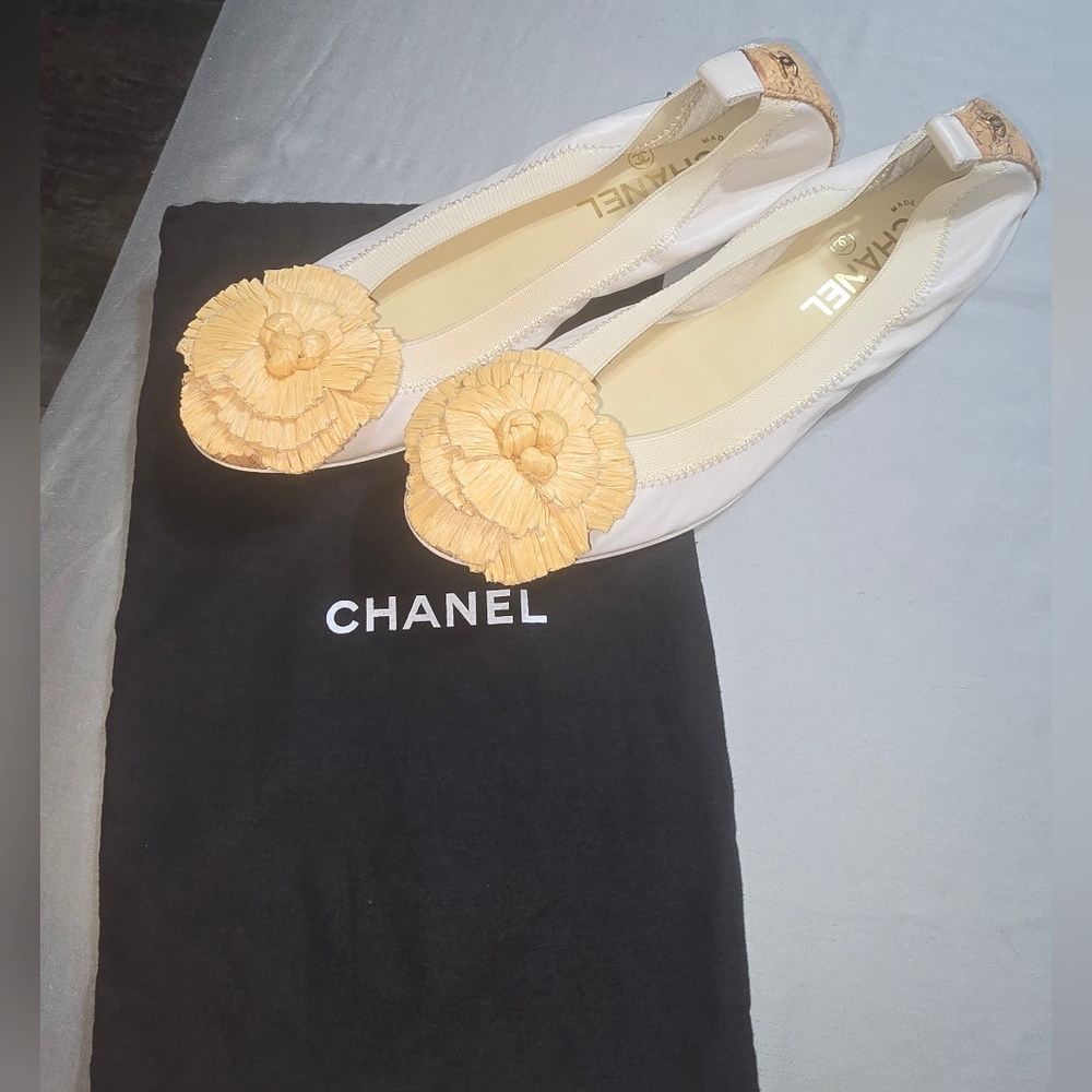 Perfect Condition Chanel RAFIA Cork Ballet Flats Sz 38.5